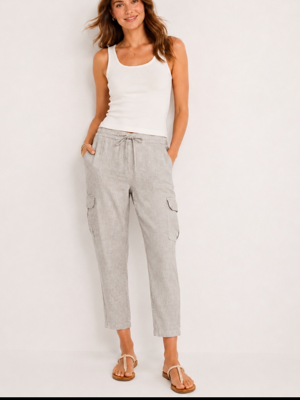 Tommy Bahama Linen Cropped Cargo Pant L Flax Drawstring Neutral Coastal Utility